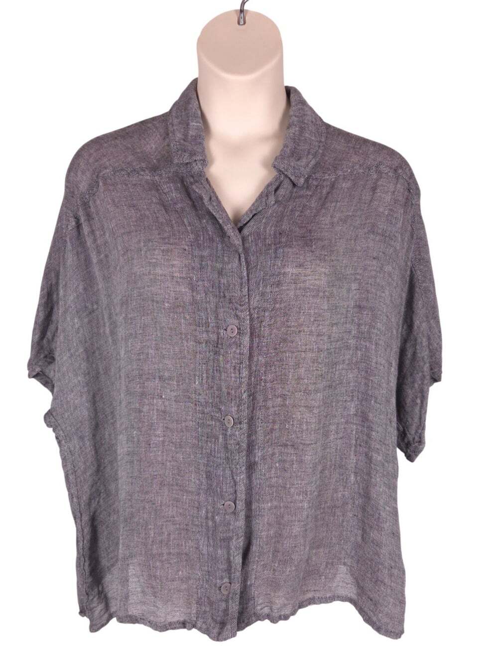 Flax Linen Button Up Shirt US 1X 1G EU 48 Womens Gray Lagenlook $115